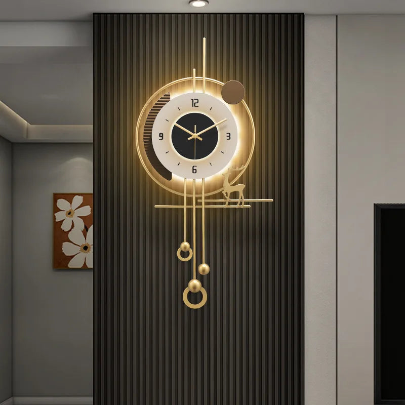 horloge murale moderne or blanc silhouette cerf éléments suspendus abstrait géométrique