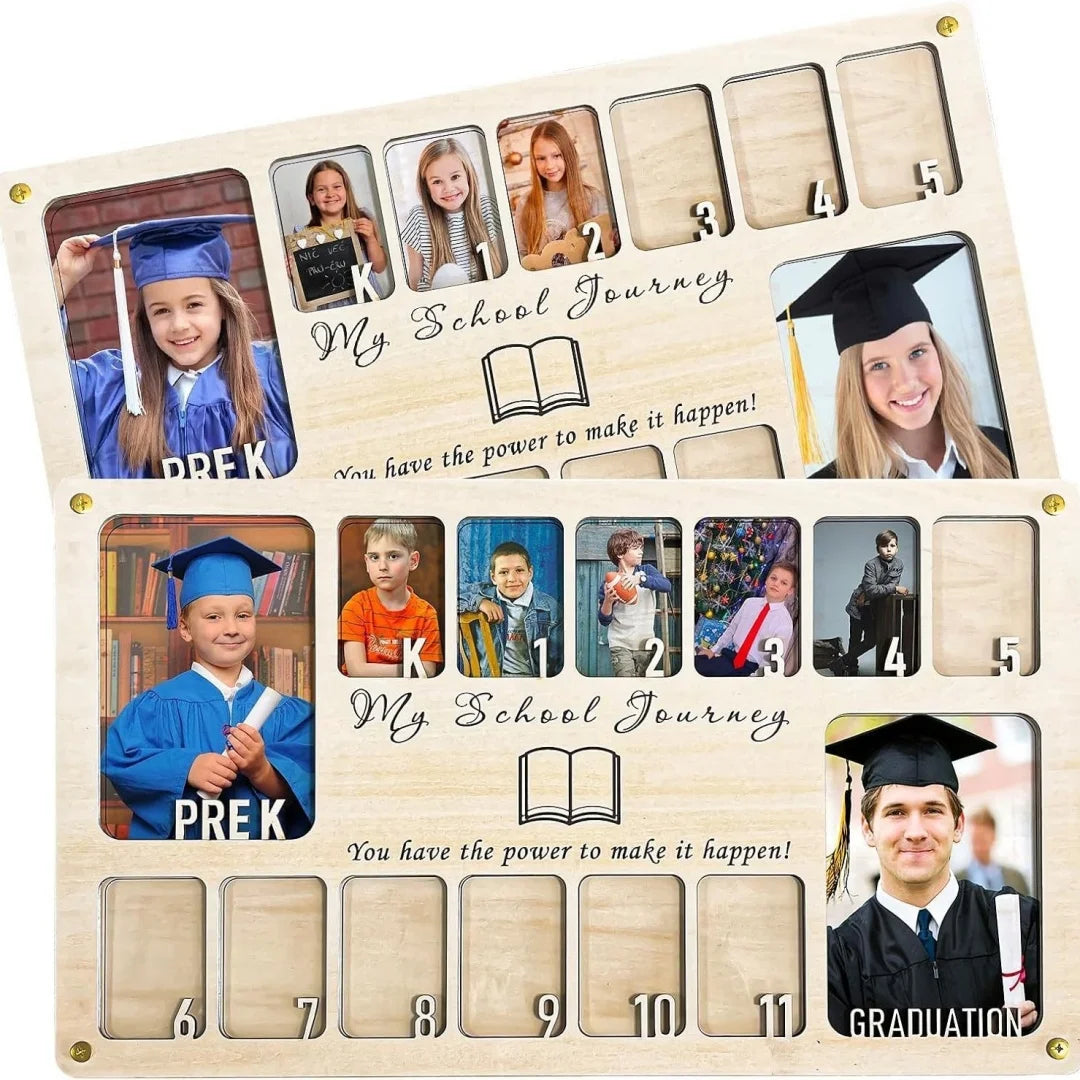 cadre photo bois My School Journey emplacements photos texte gravé rustique