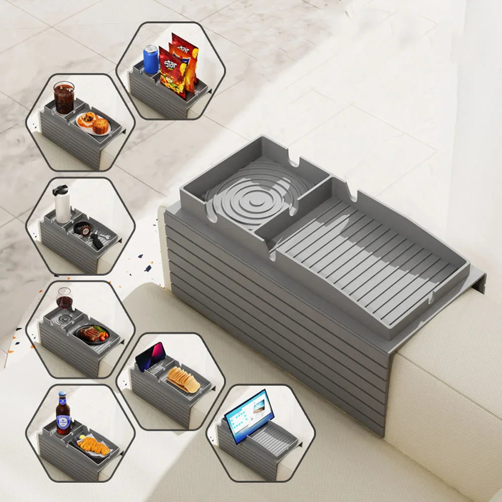 plateau silicone gris rainuré moderne plateau accoudoir canapé rangement tasses collations télécommande