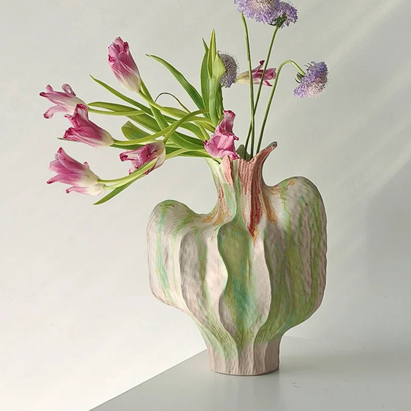 vase céramique abstrait artisanal rose vert orange marron bleu ondulé texturé sculptural