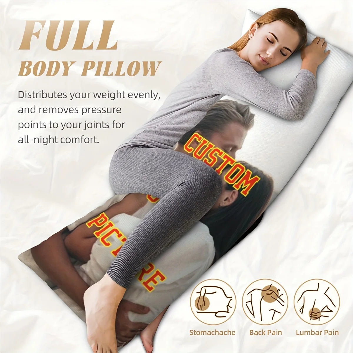 coussin corps entier imprimé photo blanc moderne zip invisible 50x137cm
