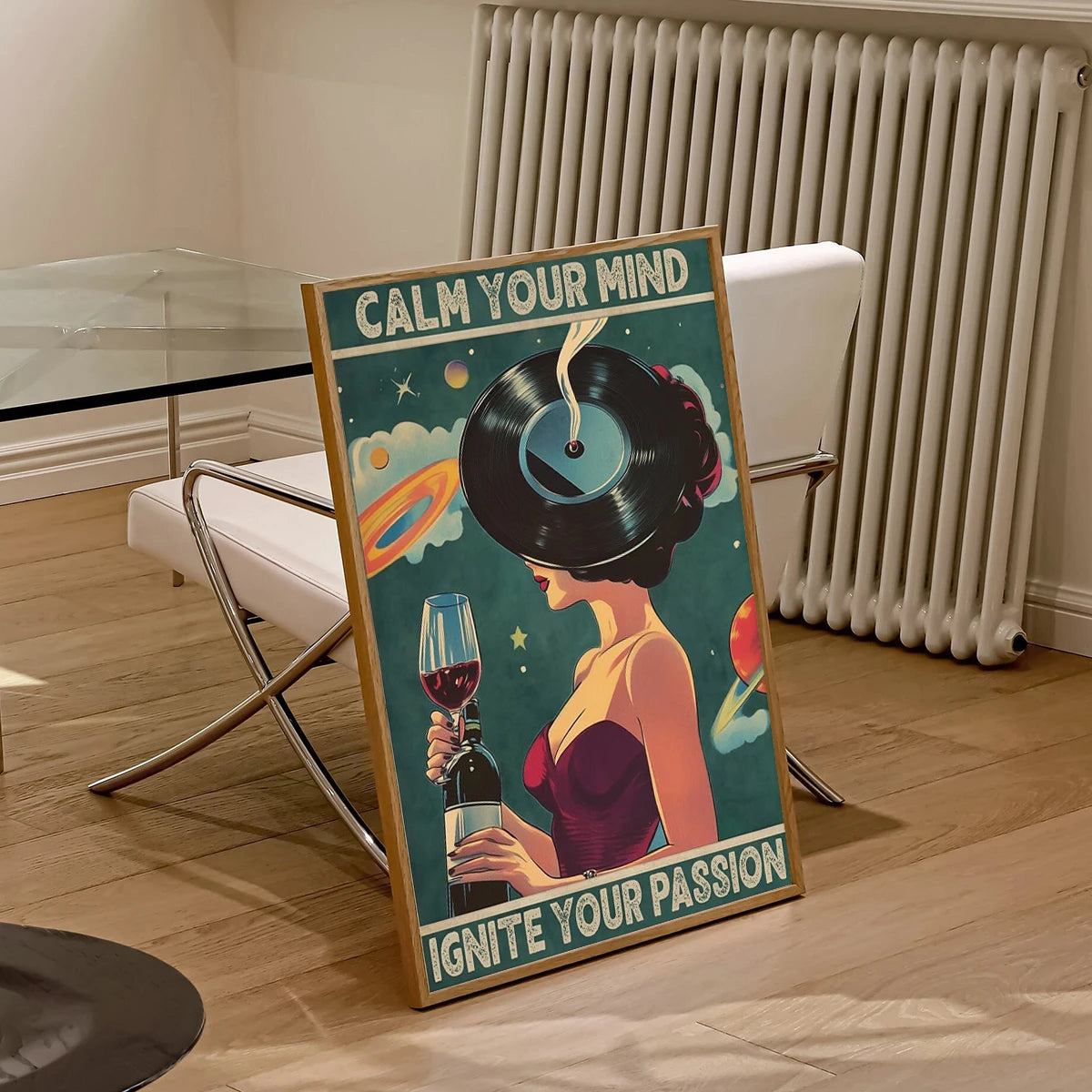 affiche murale impression toile abstraite vintage personnages stylisés disques vinyle fleurs textes bleu blanc
