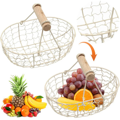 Corbeille à fruits en fer blanc avec manche en bois