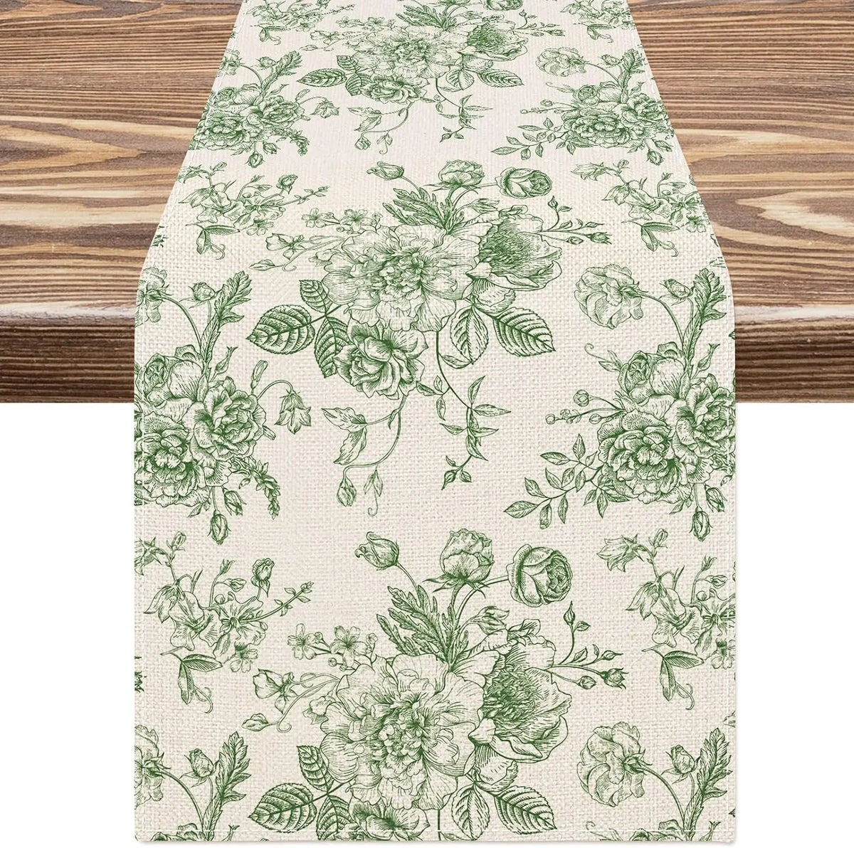 chemin table lin fleurs bleues toile jouy decoration maison beige opaque