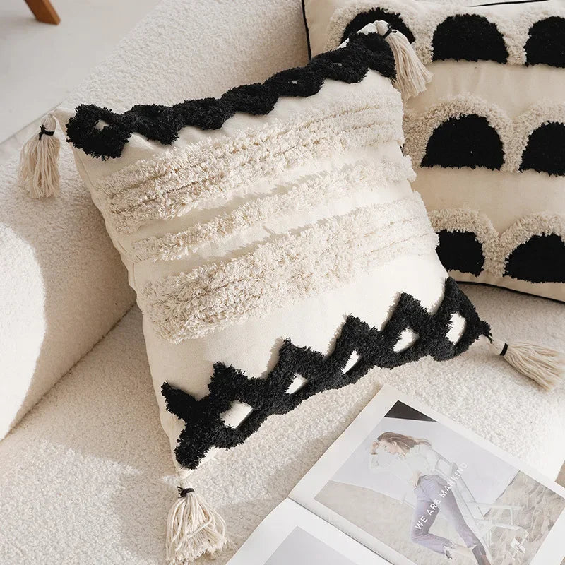coussins géométriques blanc noir franges moderne décoration intérieure canapé salon amovible lavable polyester coton