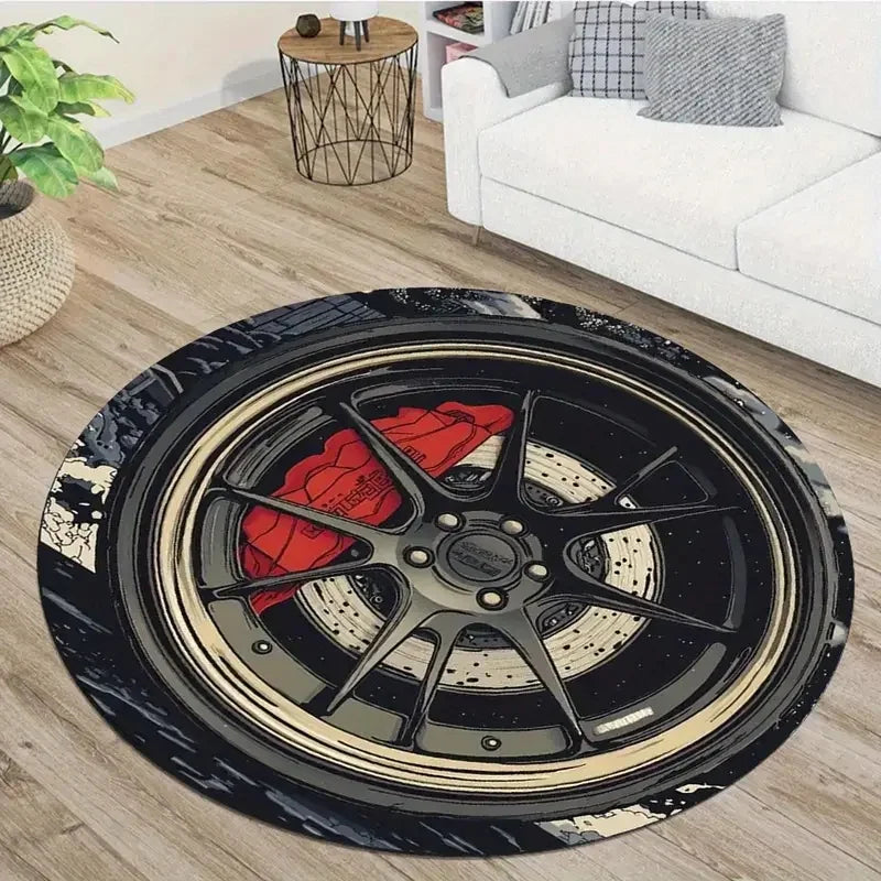 tapis rond moderne roue voiture noir blanc gris bordure orange 80x80cm 120x120cm chambre salon