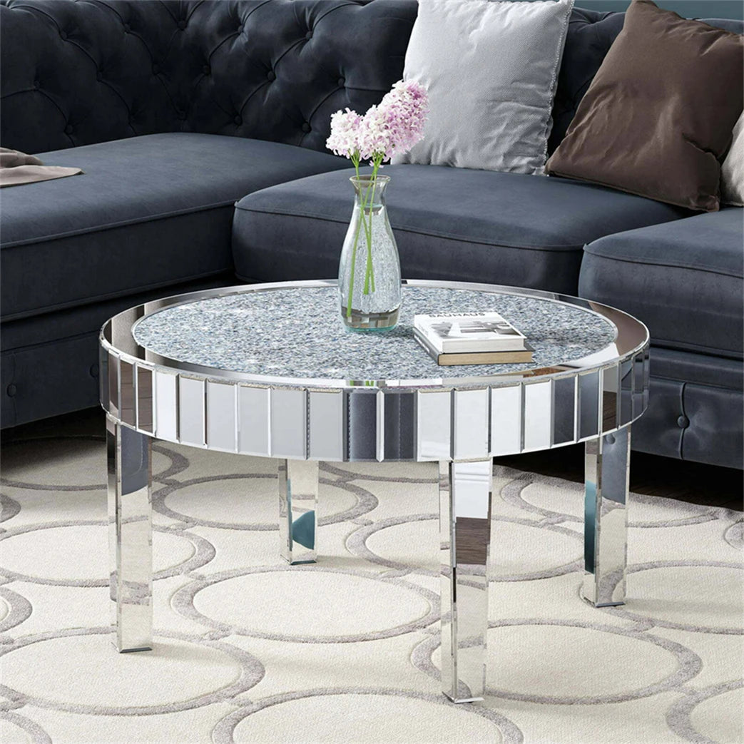 table basse ronde transparente strass argentée moderne chic pieds solides