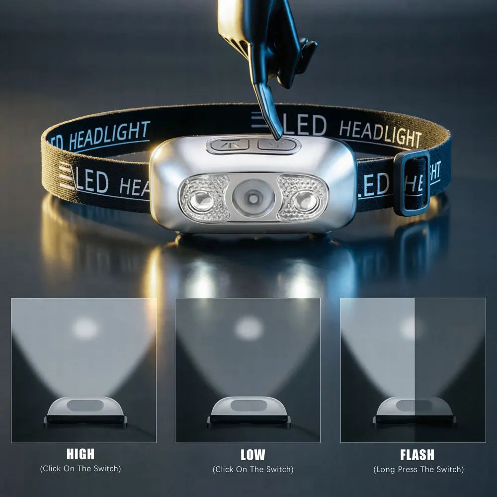 lampe frontale led rechargeable usb camping pêche chasse réglable moderne argenté doré