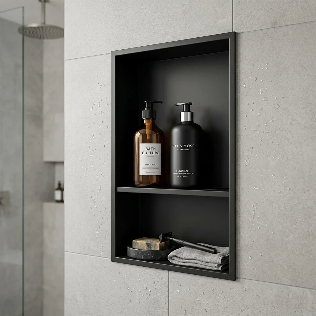 niche douche murale moderne étagères acier inoxydable noir mat carreaux blancs rangement salle bain