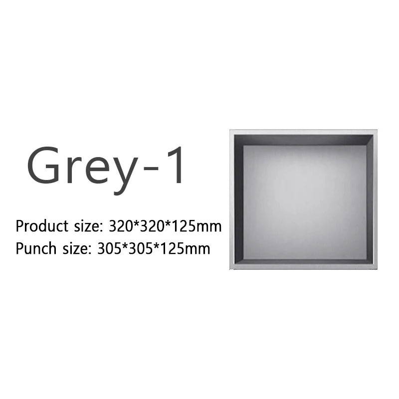 niche rangement acier inoxydable noir moderne quatre niveaux mur lampe intégrée chambre salle bain