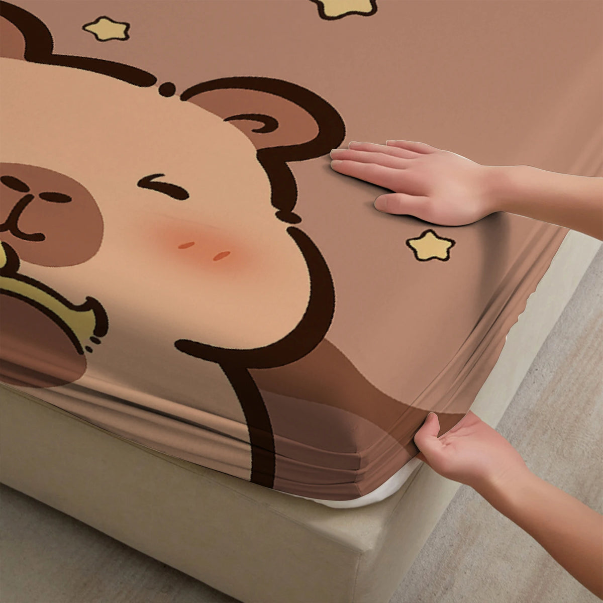 drap housse capybara ours mignon dessin animé marron clair lit twin full queen king