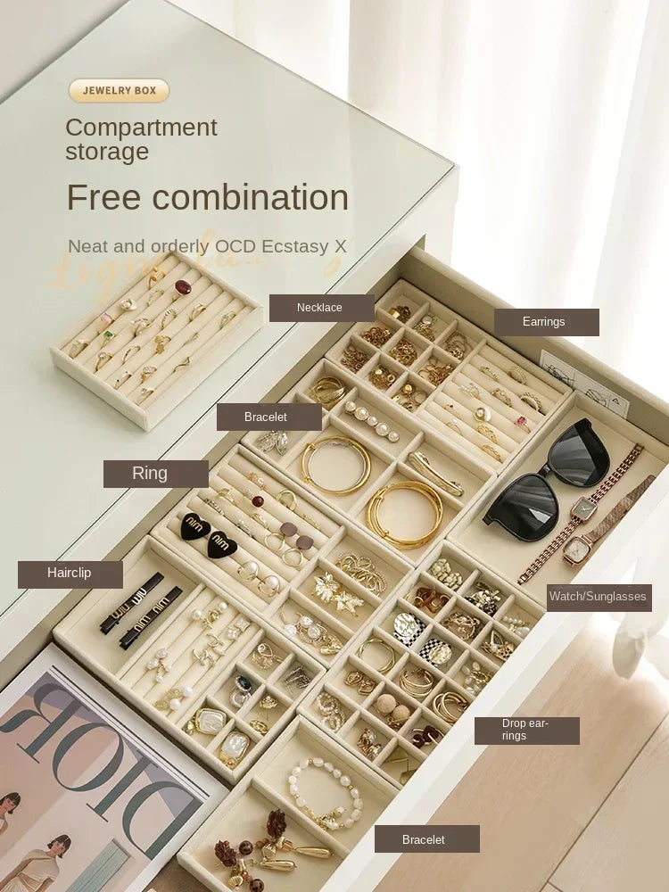 boîte rangement bijoux moderne beige flanelle douce boucles oreilles bagues colliers pendentifs montres lunettes