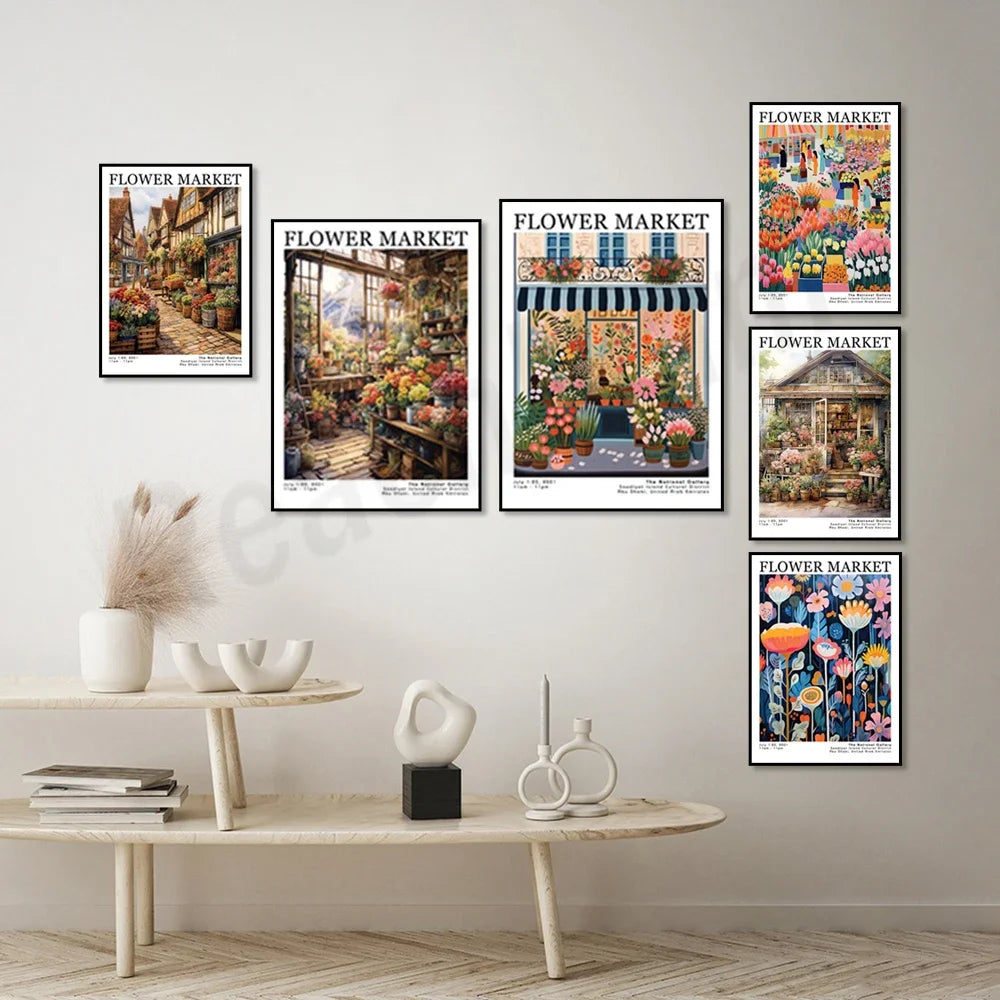 Des affiches de marché de fleurs aux couleurs vives et détaillées, offrant une décoration murale charmante et inspirante pour un intérieur.
