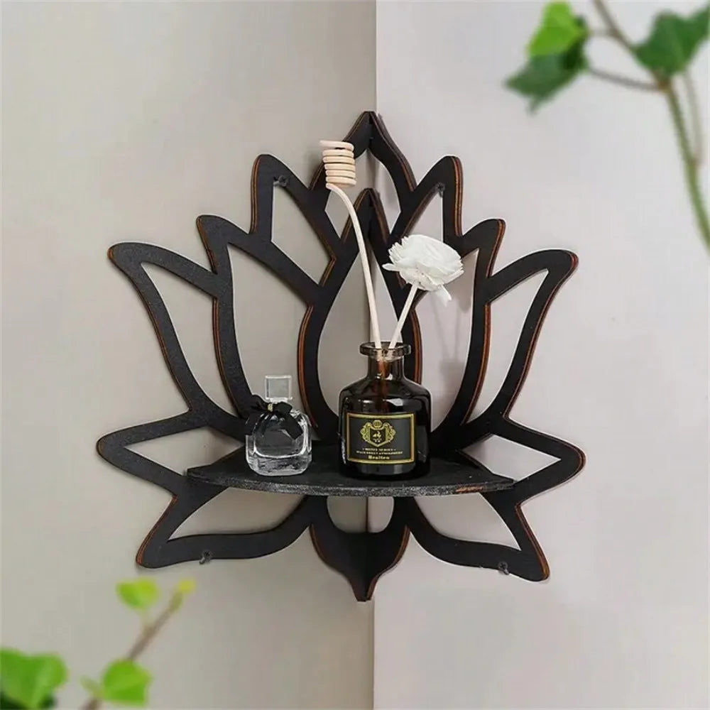 étagère murale décorative lotus bois noir bohème spirituel fixations murales découpes texturées