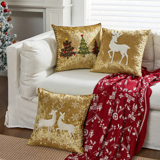 housses coussins velours brodées sapins rennes flocons noël or blanc rouge beige