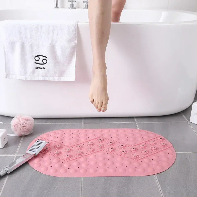 tapis bain texturé motifs géométriques ovales modernes couleurs gris bleu blanc orange rose bien