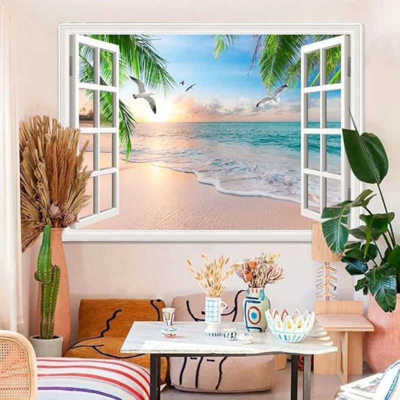 poster mural paysage marin plage palmiers couchersoleil adhésif lavablepolyester blanc vert bleu beige doré