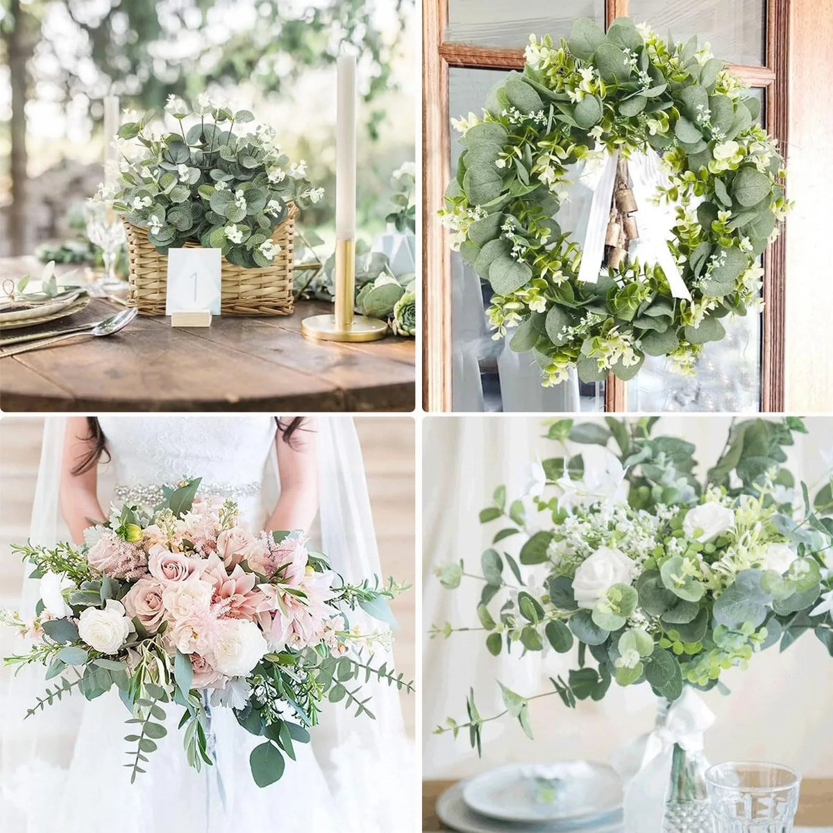 feuilles eucalyptus artificielles vertes blanches bouquet mariage décoration intérieur naturel rustique