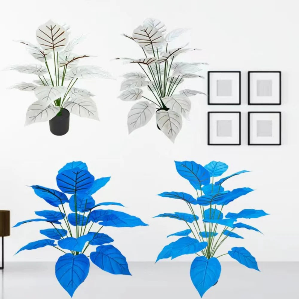 plantes artificielles faux bonsaï blanc bleu moderne intérieur extérieur exposé feuilles larges veinées pot