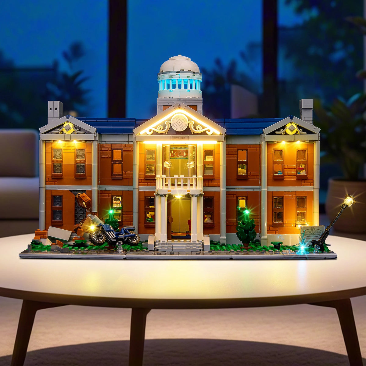 construction lego xmen maison lumineuse led marron blanc bleu verte rouge personnages details architecturaux