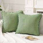 coussins décoratifs modernes rayés pompons housses velours côtelé polyester 45x45cm vert jaune beige opaques