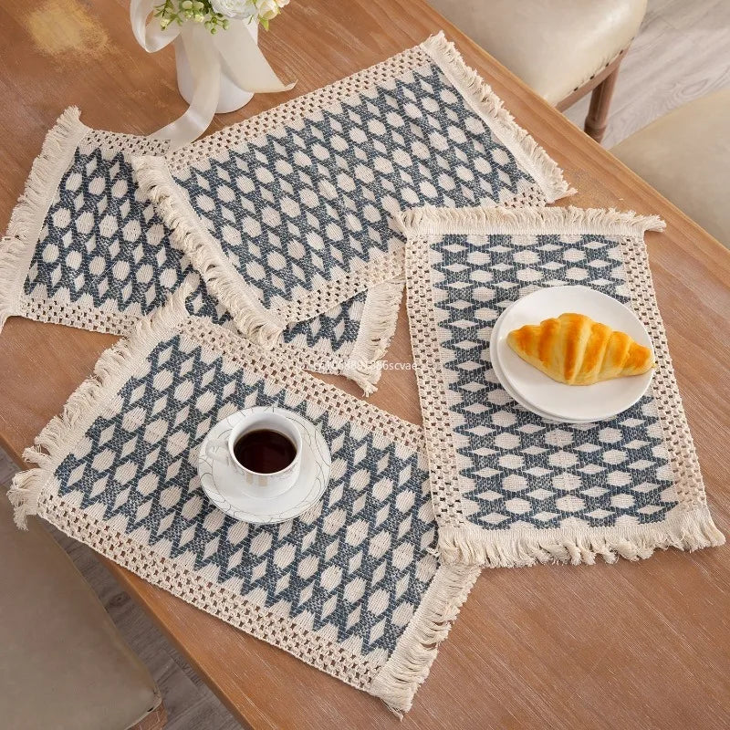 Set de table Boho en coton avec glands rouge