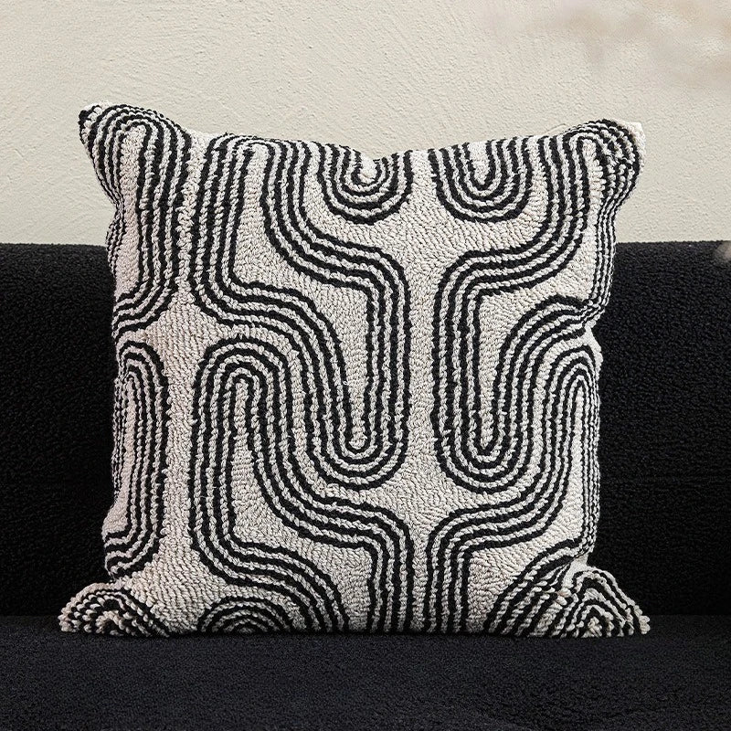 coussin noir blanc brodé géométrique moderne fixé 45x45cm décoration