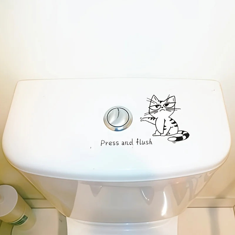 sticker adhésif chat cartoon bouton toilette moderne blanc argenté pvc semi mat 10x15cm