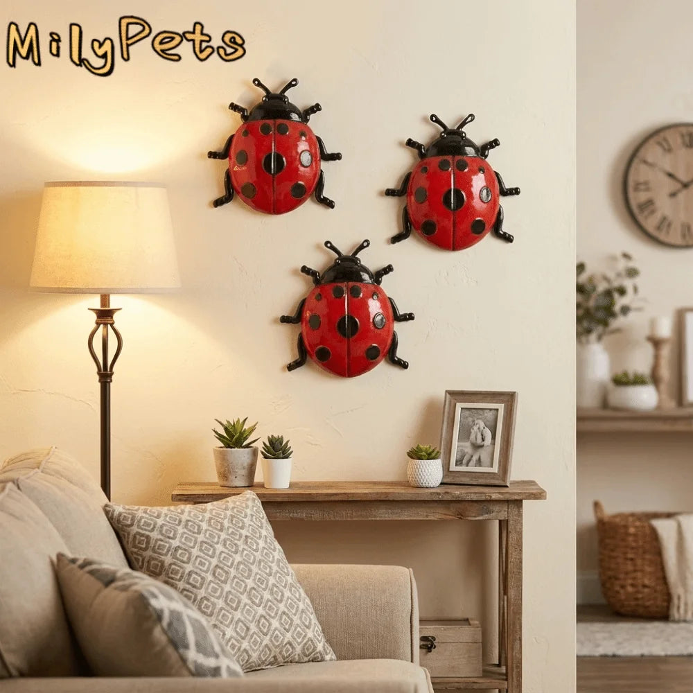 décorations murales coccinelle rouge noire adhésif réaliste métal points noirs trois pièces
