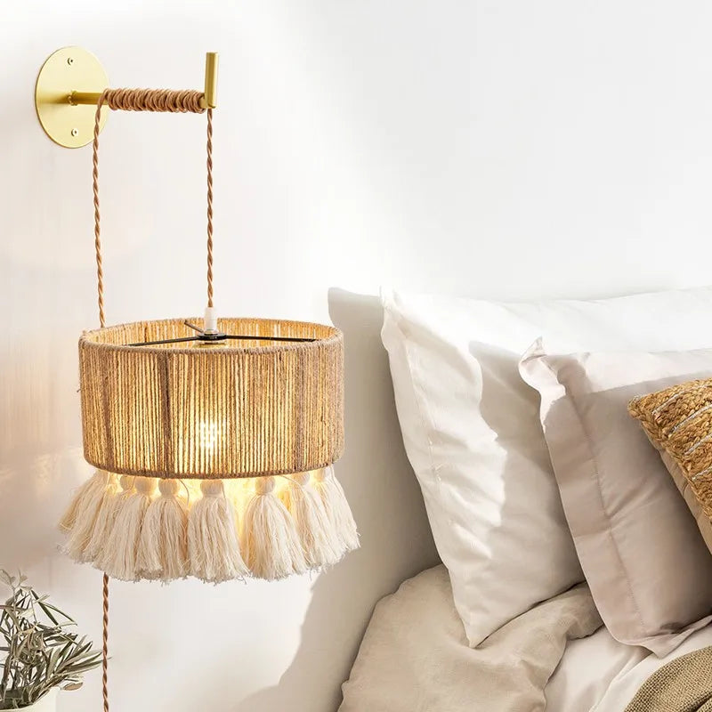 lampe murale bohème tressée franges beige or chambre salle manger éclairage quotidien LED semi