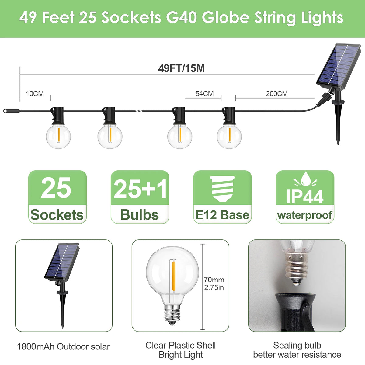 guirlande lumineuse solaire extérieure 15m 25 ampoules led jaunes télécommande
