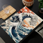 Napperon de table japonais motifs vagues tsunami en lin vert