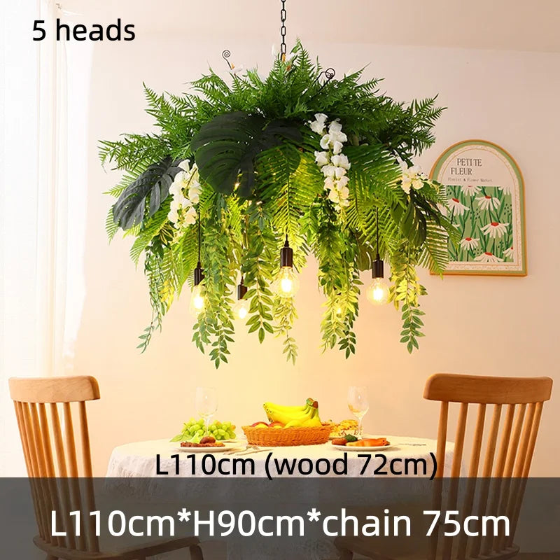 Suspension lumineuse rustique feuilles vertes bois ampoules led noir vert beige tactile moderne