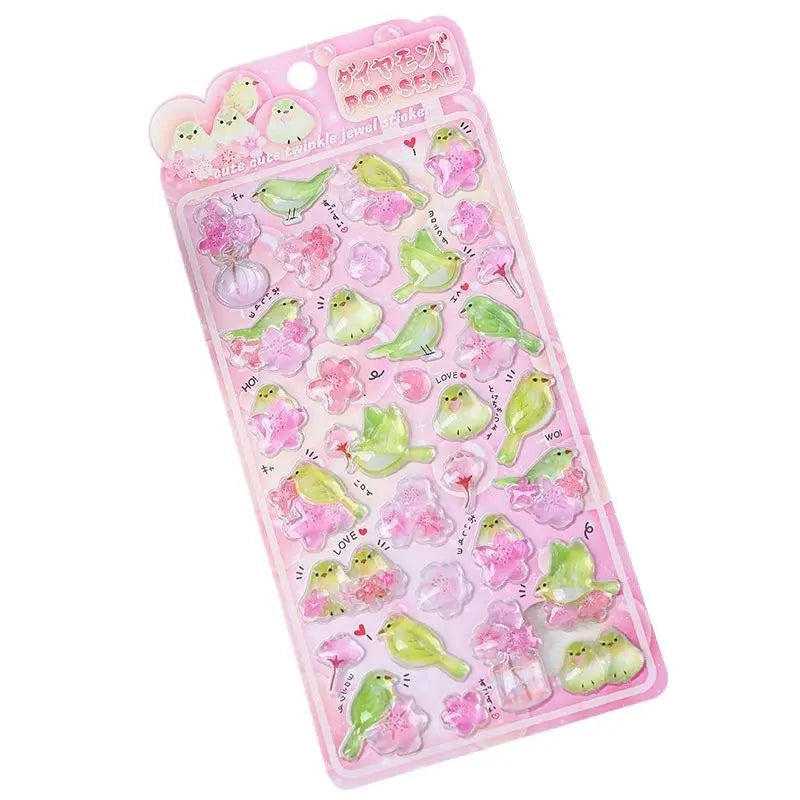 stickers pop seal oiseaux floraux nuages kawaii brillants adhésifs décoratifs enfants rose vert bleu