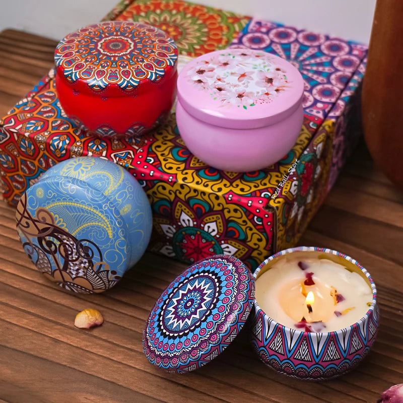 bougies parfumées boho chic mandala fleurs rouge rose bleu violet