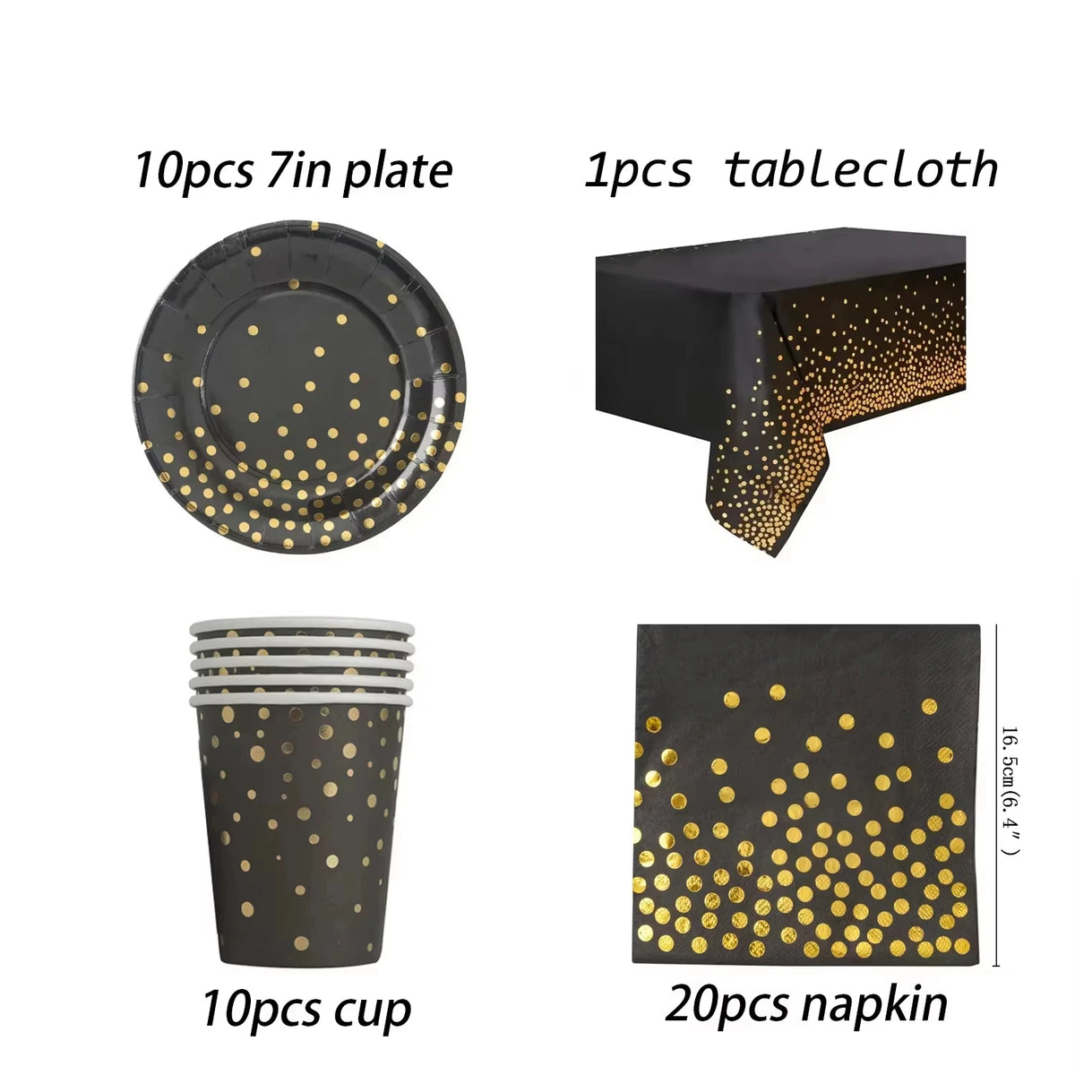 assiettes pois dorés noires gobelets serviettes tablecloth fête anniversaire mariage nouveauannée