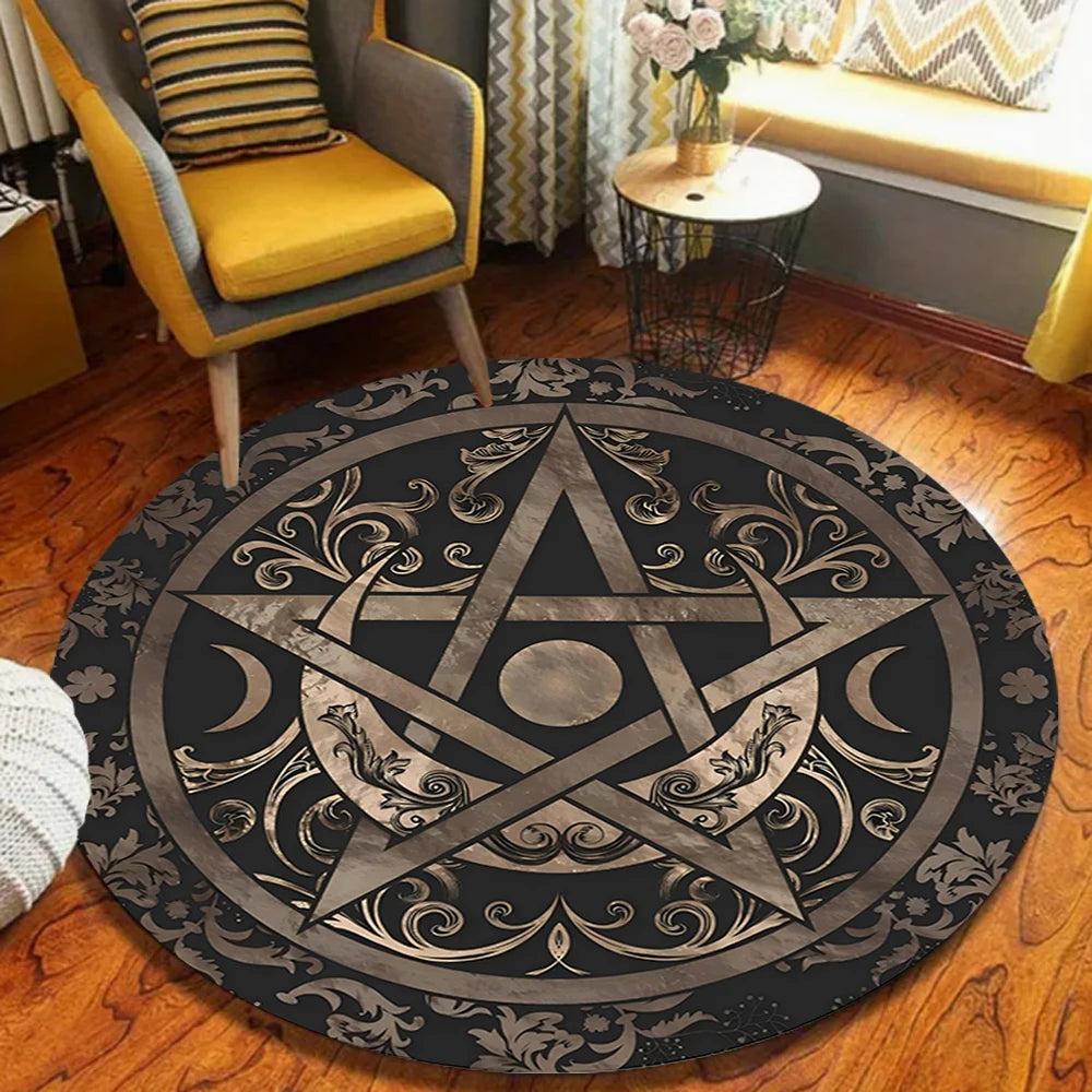 tapis rond moderne pentagramme motifs floraux noir doré rouge orange blanc salon chambre decoration