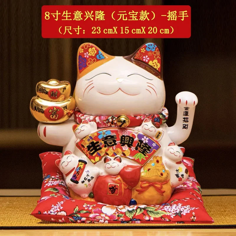 statue chat porte bonheur fleurs chinoises blanc rouge or artisanal décoration