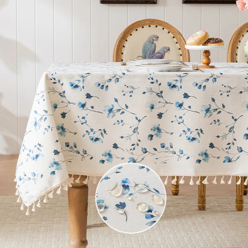 nappe table rectangulaire coton fleurs pompons bordure décorative pastoral maison mariage