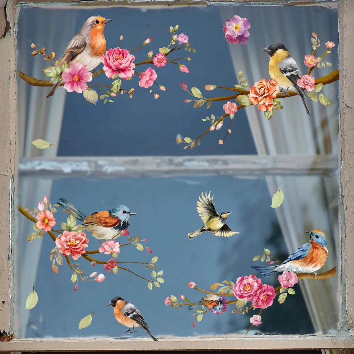 sticker mural oiseaux branches fleurs colorées bleu gris jaune rose vert adhésif pvc artistique
