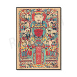 Une illustration colorée mettant en scène des personnages traditionnels asiatiques dans un style décoratif et folklorique.