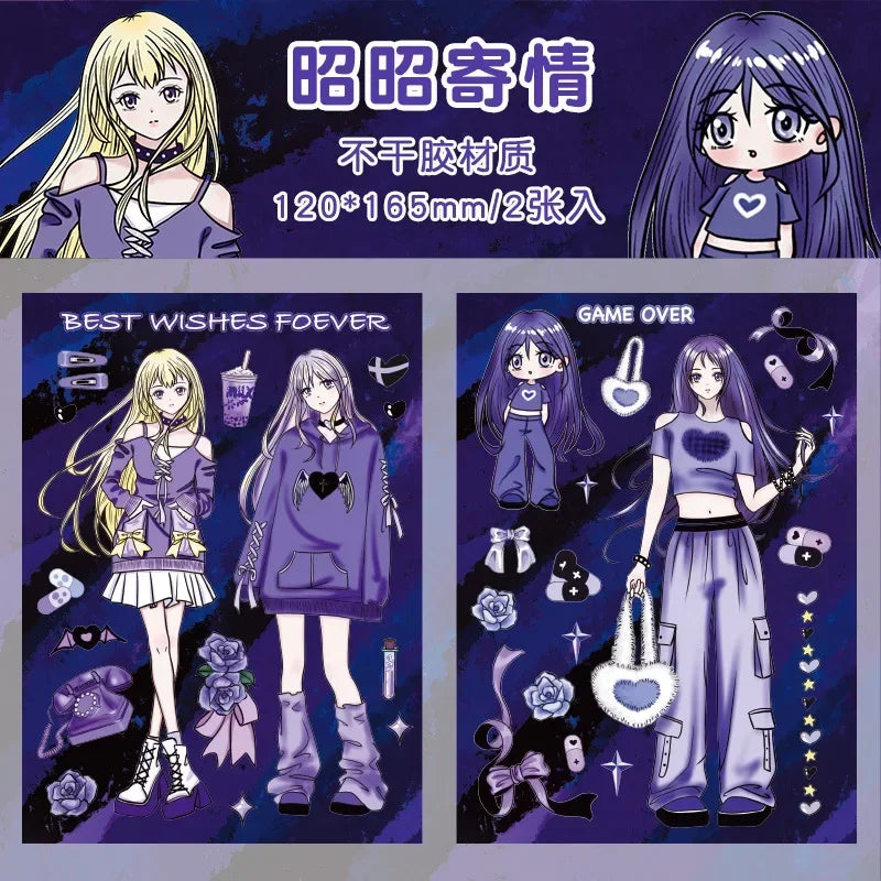 autocollants manga personnages textes confettis bleu violet noir blanc opaques scrapbooking álbum journal intime
