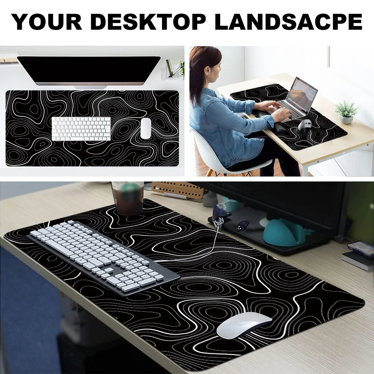 tapis souris moderne noir motif géométrique adhésif antidérapant caoutchouc large gaming
