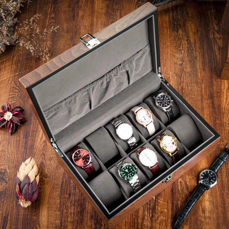 boîte montres 10 slots bois marron velours gris verre transparent classique clips verrouillage