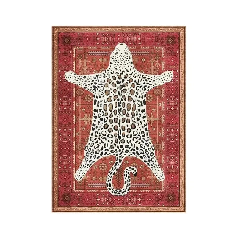 tapis salon motif tigre léopard ethnique rouge beige noir décoratif intérieur maison