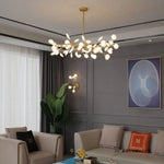 suspension lumineuse or blanc feuilles stylisées opalescente contemporaine 18 ampoules