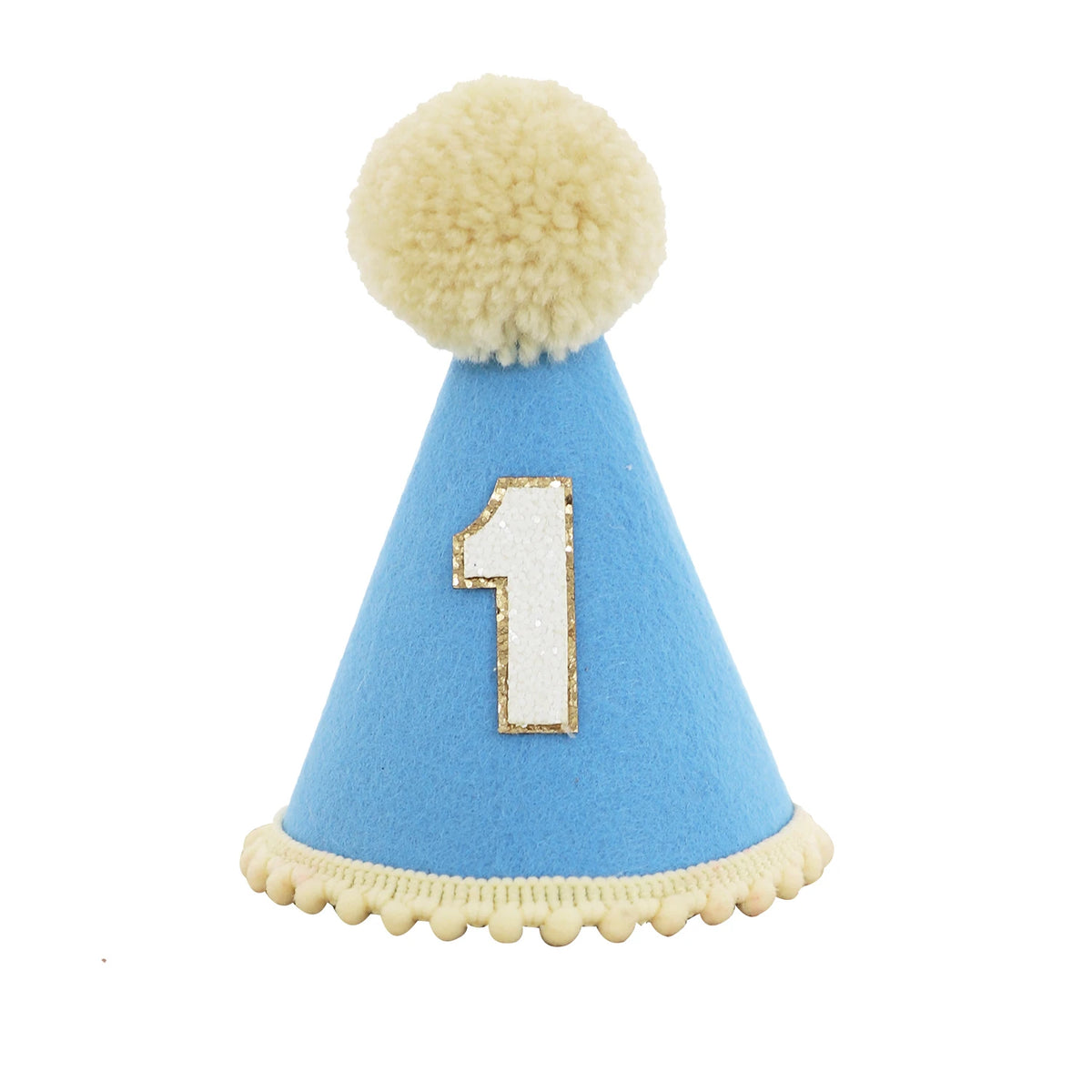 chapeau fête conique bleu clair vert numéro bordure dorée pompon beige festive anniversaire première