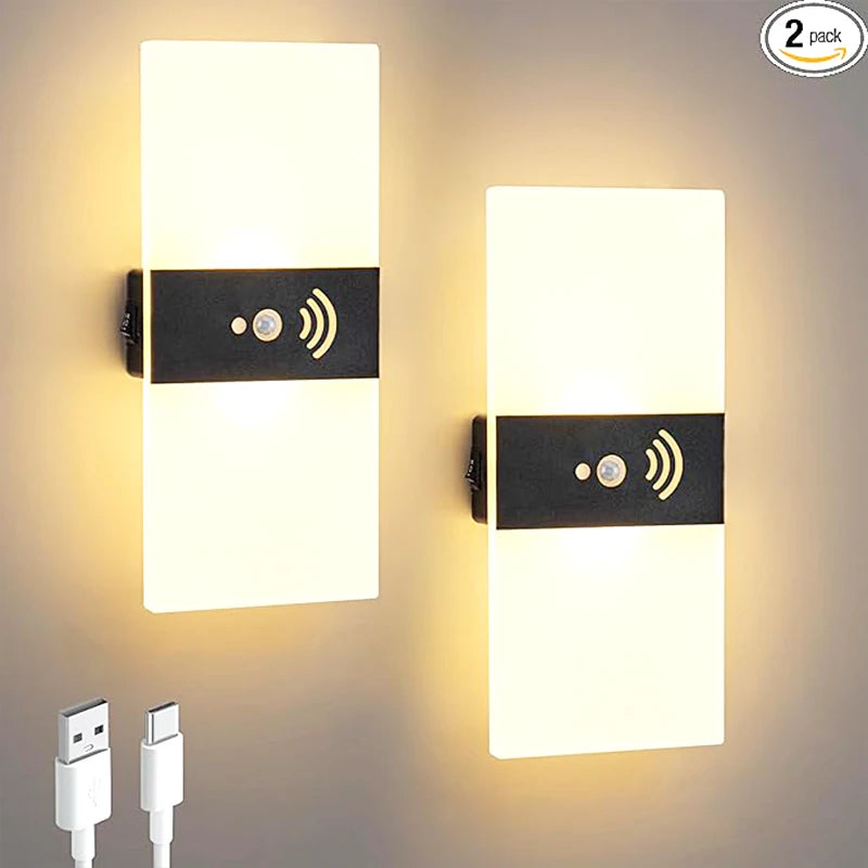 lampe murale moderne rechargeable led détecteur mouvement blanc noir aluminium usb