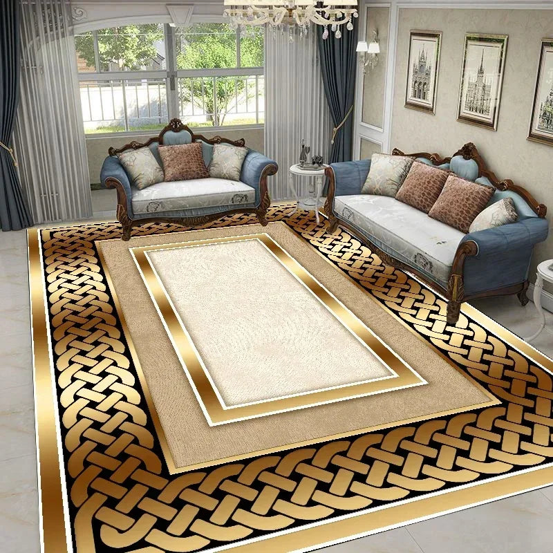 tapis salon motif géométrique beige noir or classique élégant décoration intérieur moderne grand