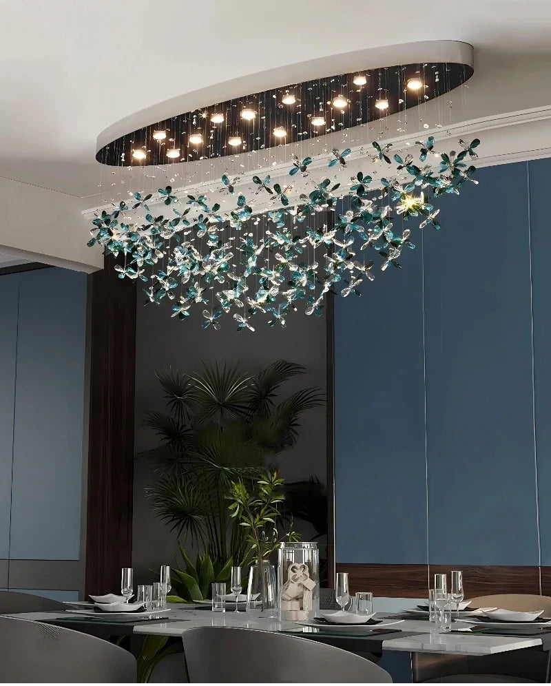 Suspension lumineuse moderne fleurs papillons translucides vert bleu blanc dimmable élégante
